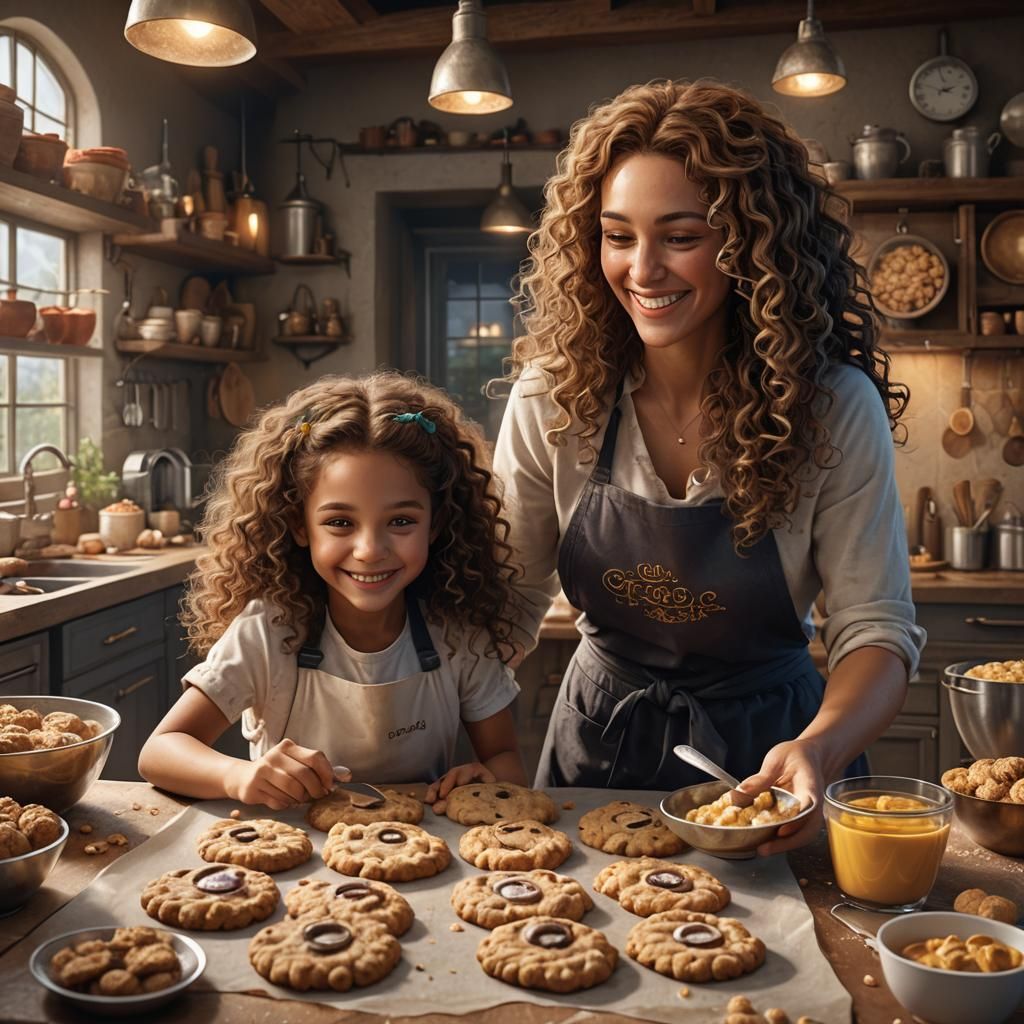 Mother and Daughter Baking Cookies: Fantasy Concept Art