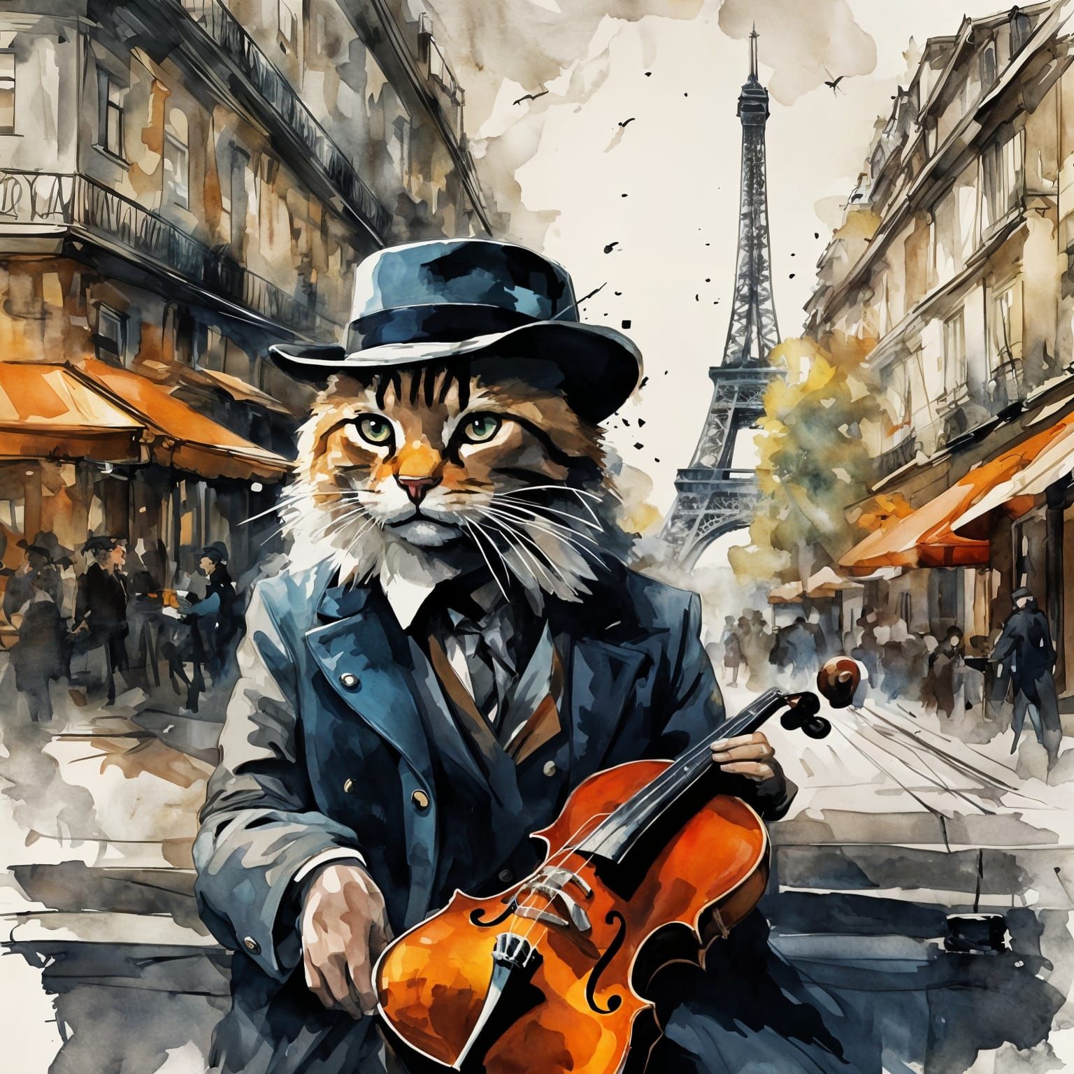 Parisian Violinist with Cat, Detailed Matte Painting