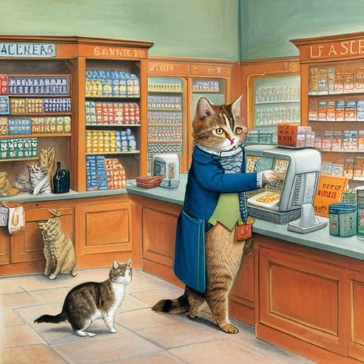 Cat Cashier at Animal Supermarket Illustration