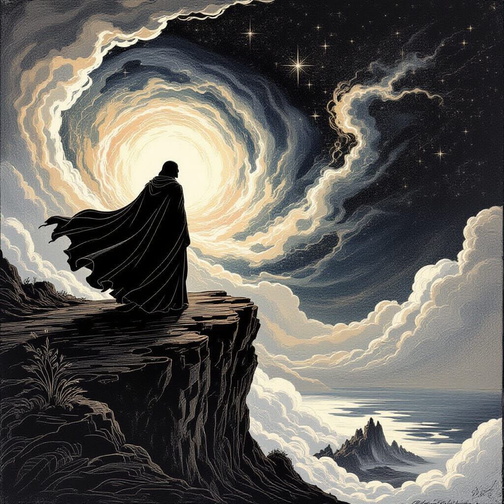 Figure Gazes at Nebula from Cliff Edge in Engraved Style