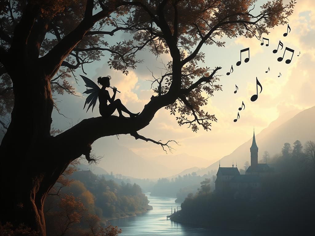 Fairy Flute Serenade: Silhouette in Art Nouveau Style