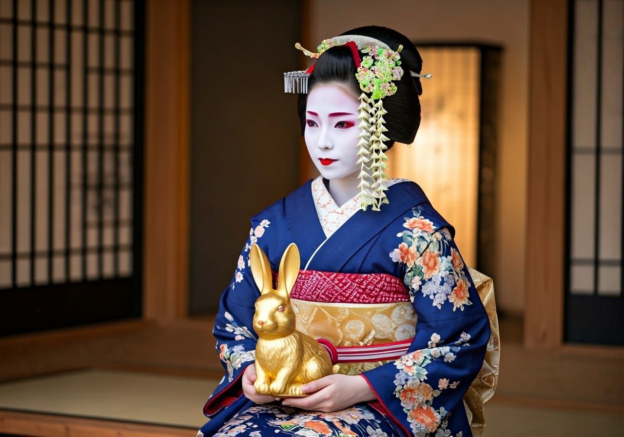 Japanese Geisha with Golden Rabbit