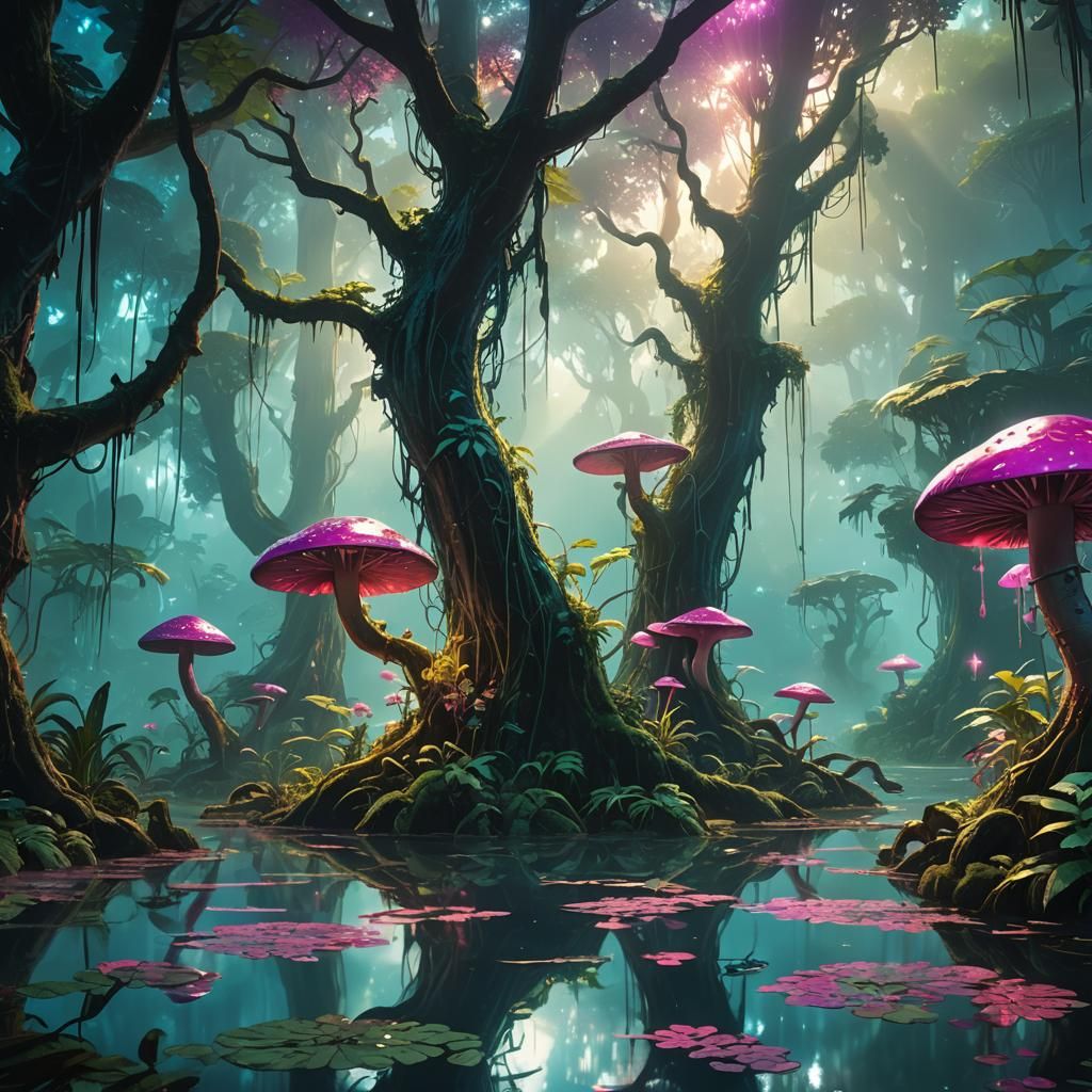 Lush Jungle Pond with Bioluminescent Mushrooms