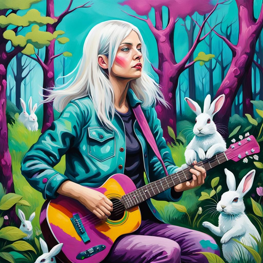 Woman Plays Guitar for Rabbits in Street Art Style