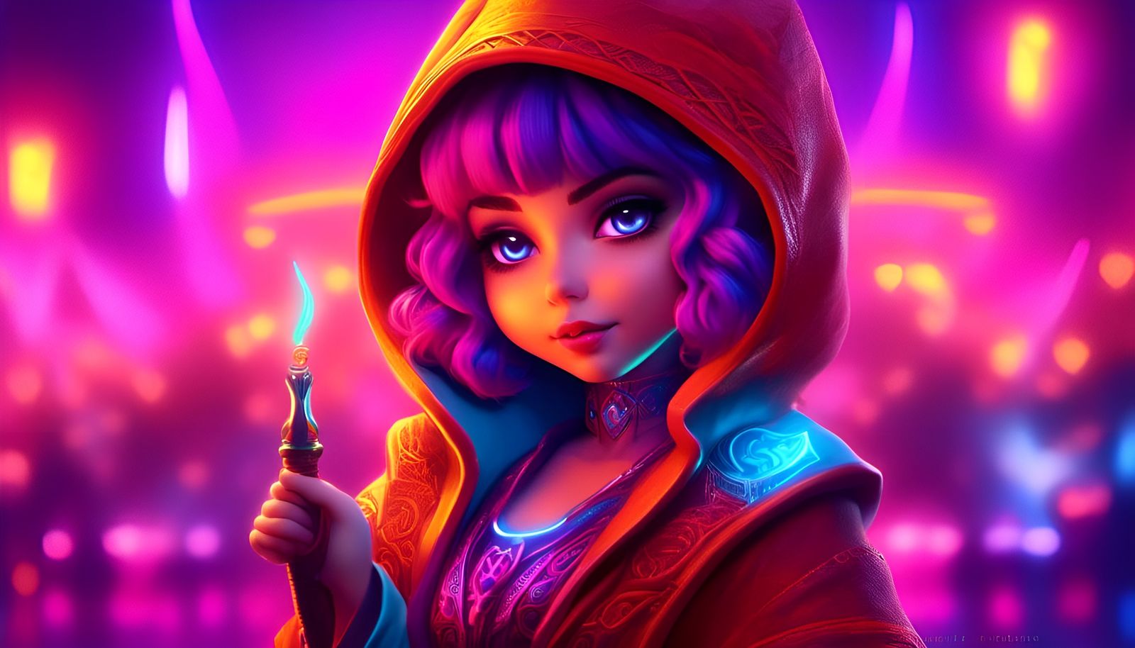 Chibi Sorceress Casting Neon Spells in Synthwave 2099