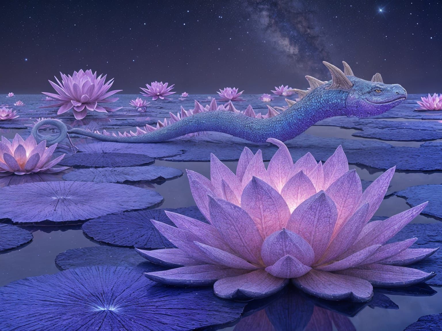 Alien Landscape with Lotus Flowers and Laser-Dragons
