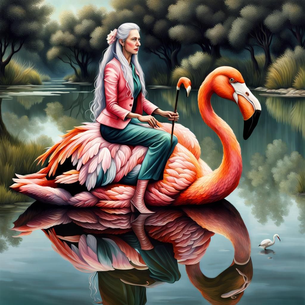 Lady Riding Sandwich Flamingo on Milky Lake