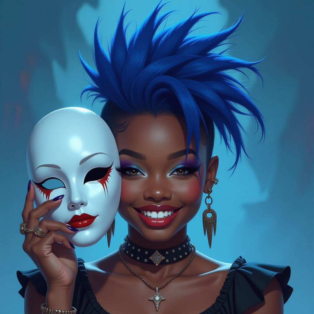 African American Girl with Blue Mohawk and Fang Jewelry