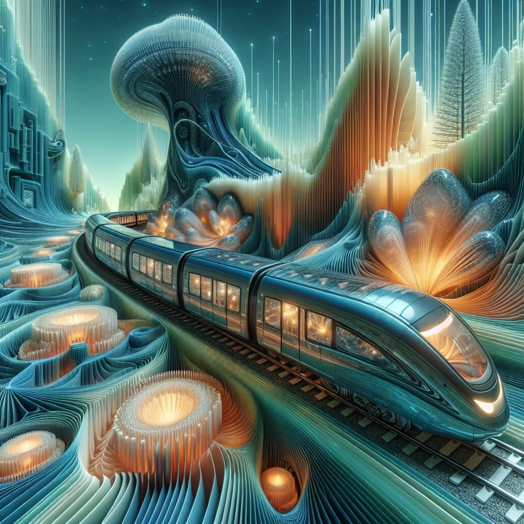 Luminous Glass Train Glides Through Whimsical Dreamscape