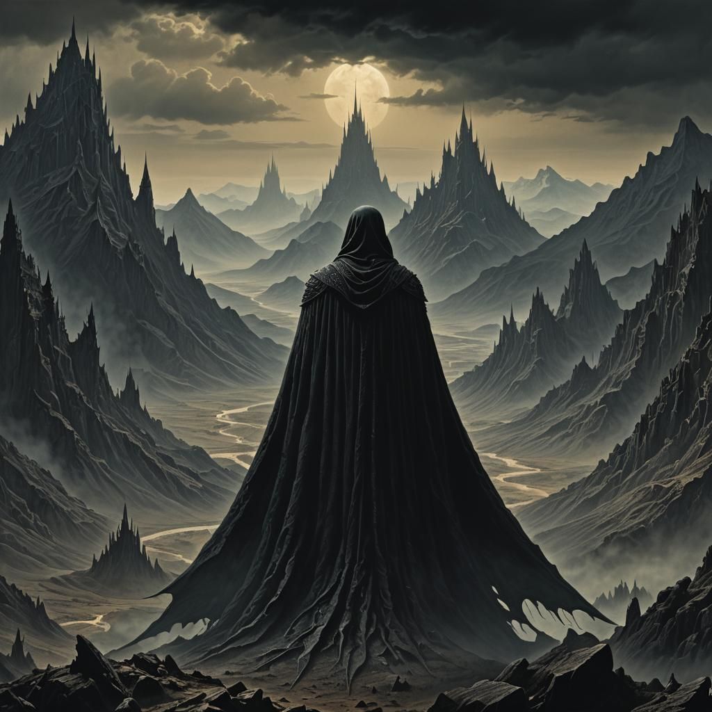 Gloomy Shadow Figure in Dark Fantasy Landscape
