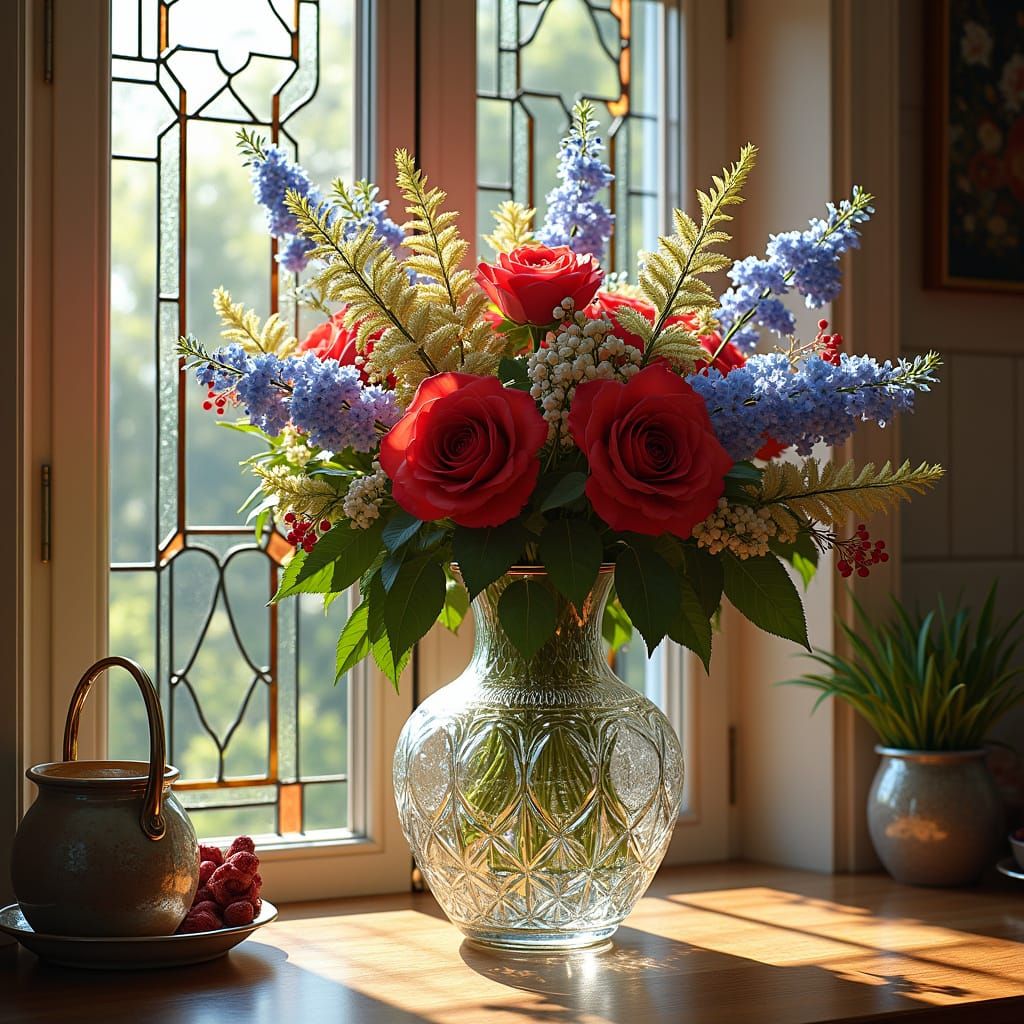 Vibrant Still Life of Forget Me Nots and Roses in a Warm Kit...