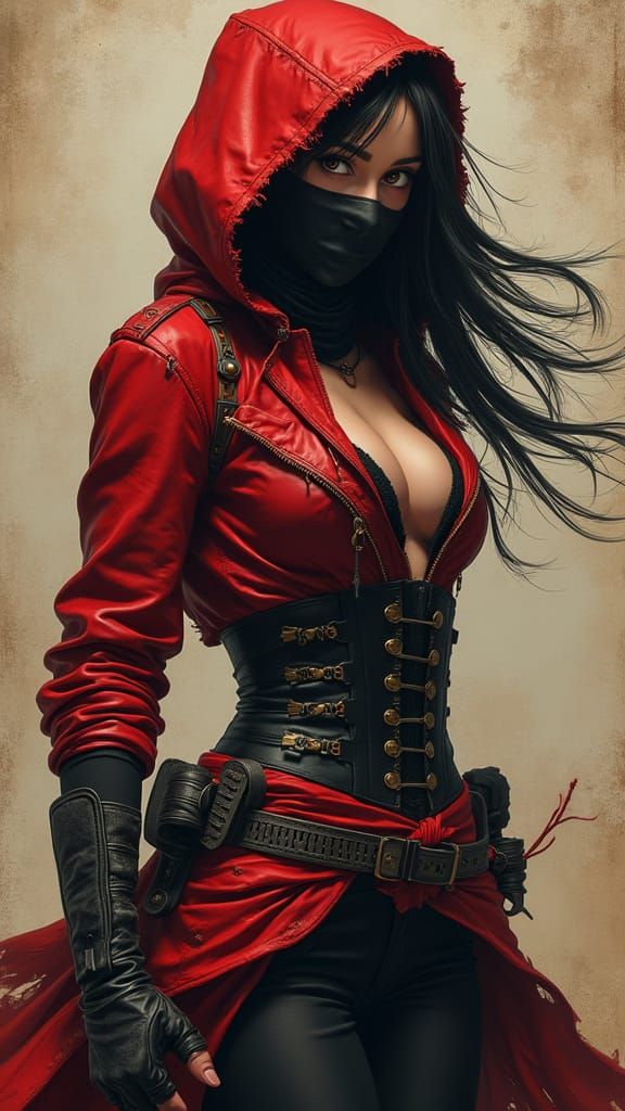 Seductive Assassin in Torn Red Cloak: Cinematic Portrait