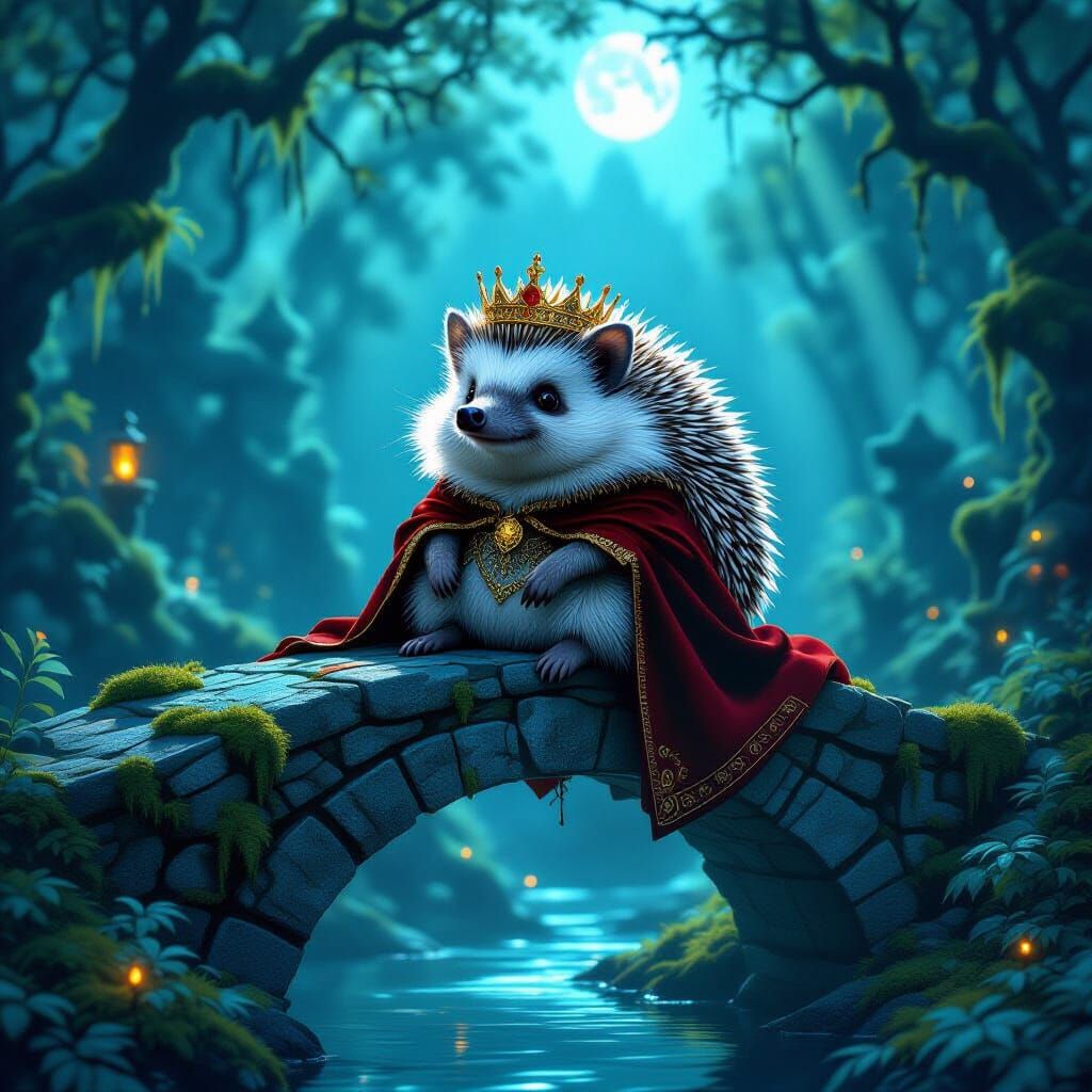 Regal Hedgehog on Ancient Bridge in Bioluminescent Forest