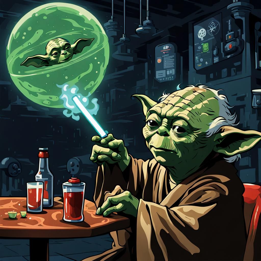 Yoda at the hookah bar a picture of the deaths target hanging on the back wall