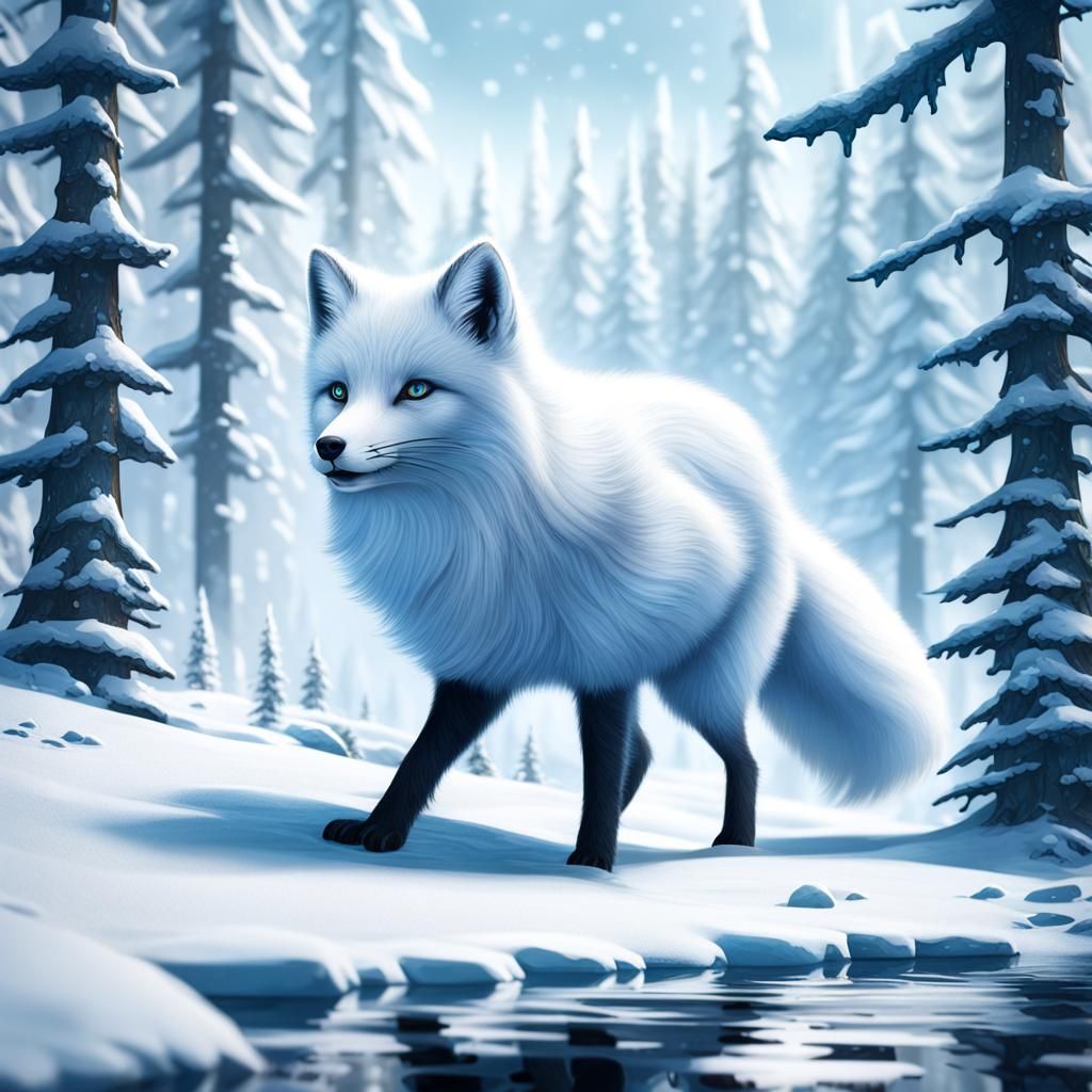 Arctic Fox Attack in Snowy Forest: Detailed Matte Painting