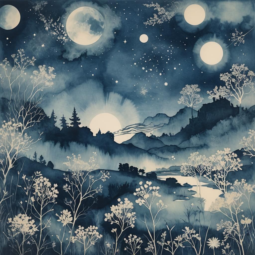 Ethereal Cyanotype Landscapes: Celestial Wonders Dance