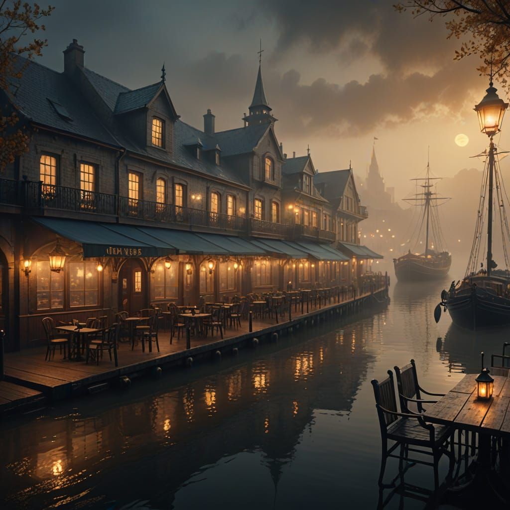 Misty Harbour Cafe in Fantasy Digital Painting