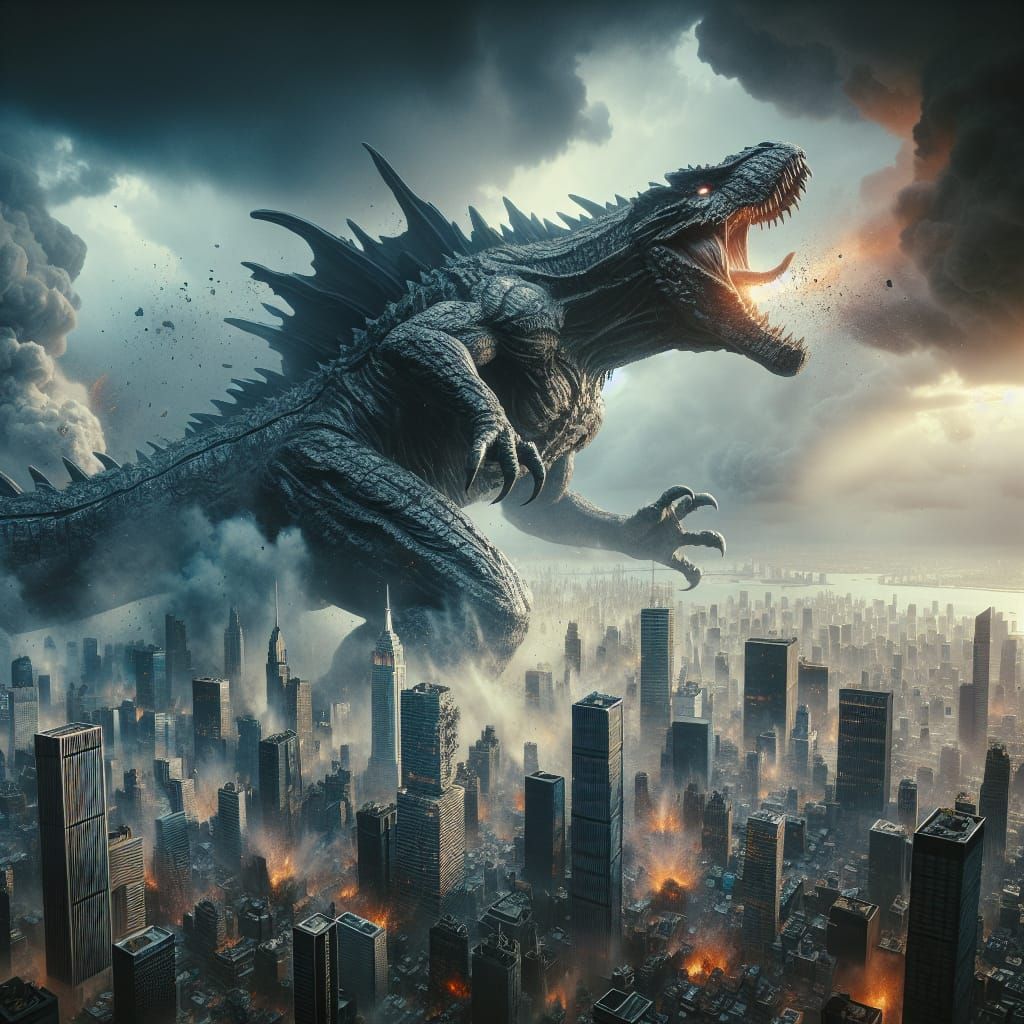 Godzilla's Rampage: A Matte Painting of Urban Destruction