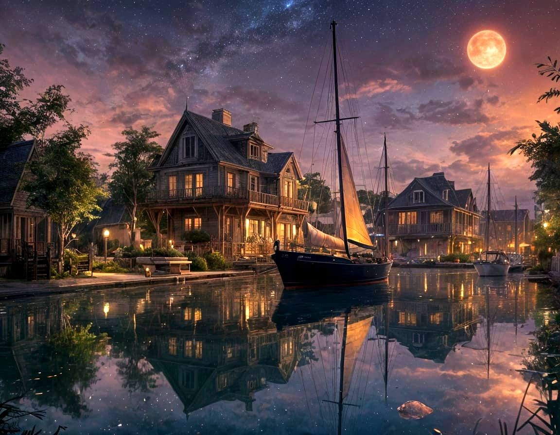 Enchanted Sailboat in Solarpunk Prairie Harbor