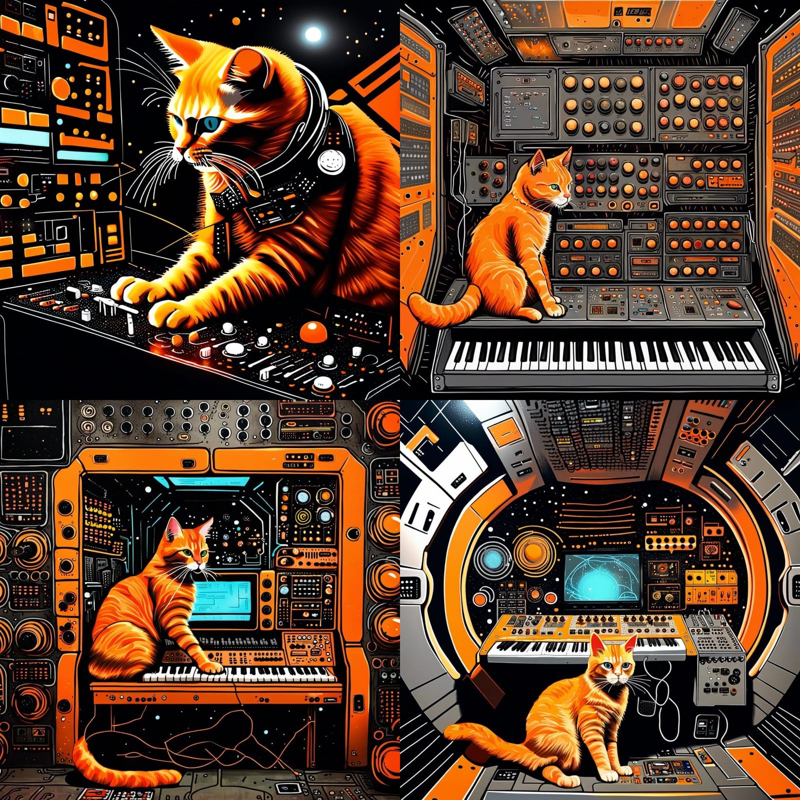 Orange Cat Plays Synth in Spaceship: Cyberpunk Graffiti Art