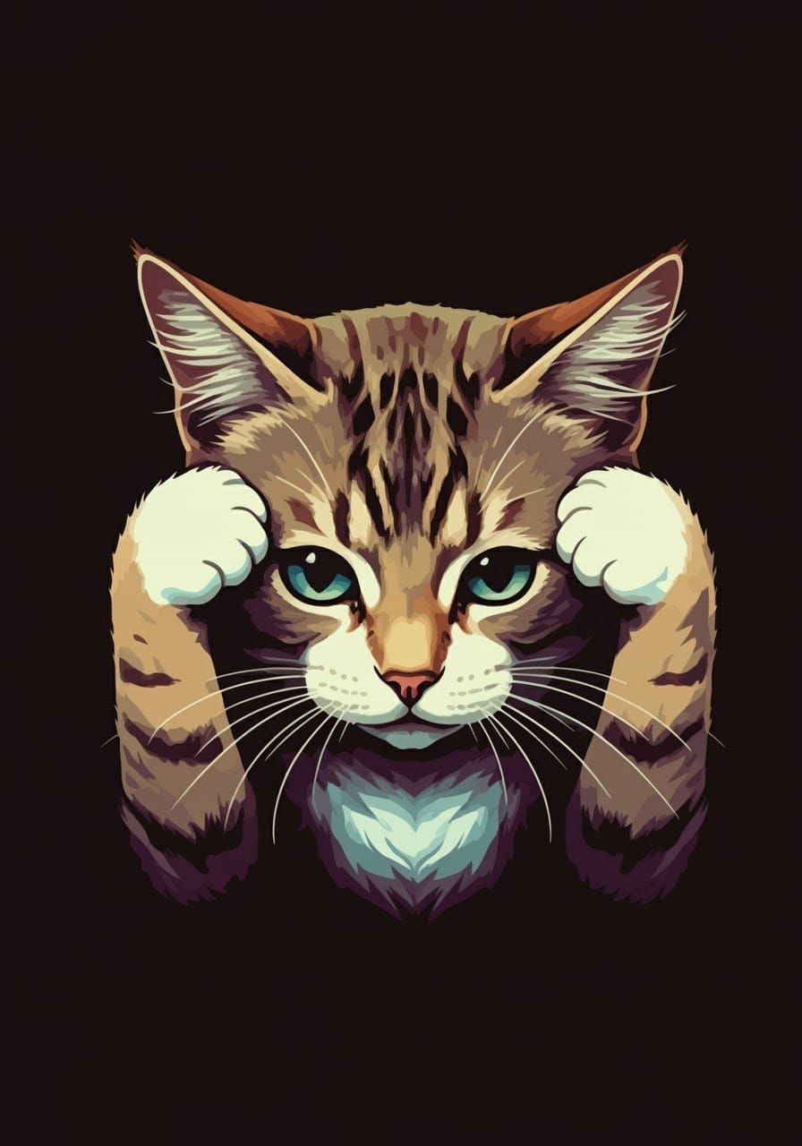 Pop Art Cat with Paws Over Ears