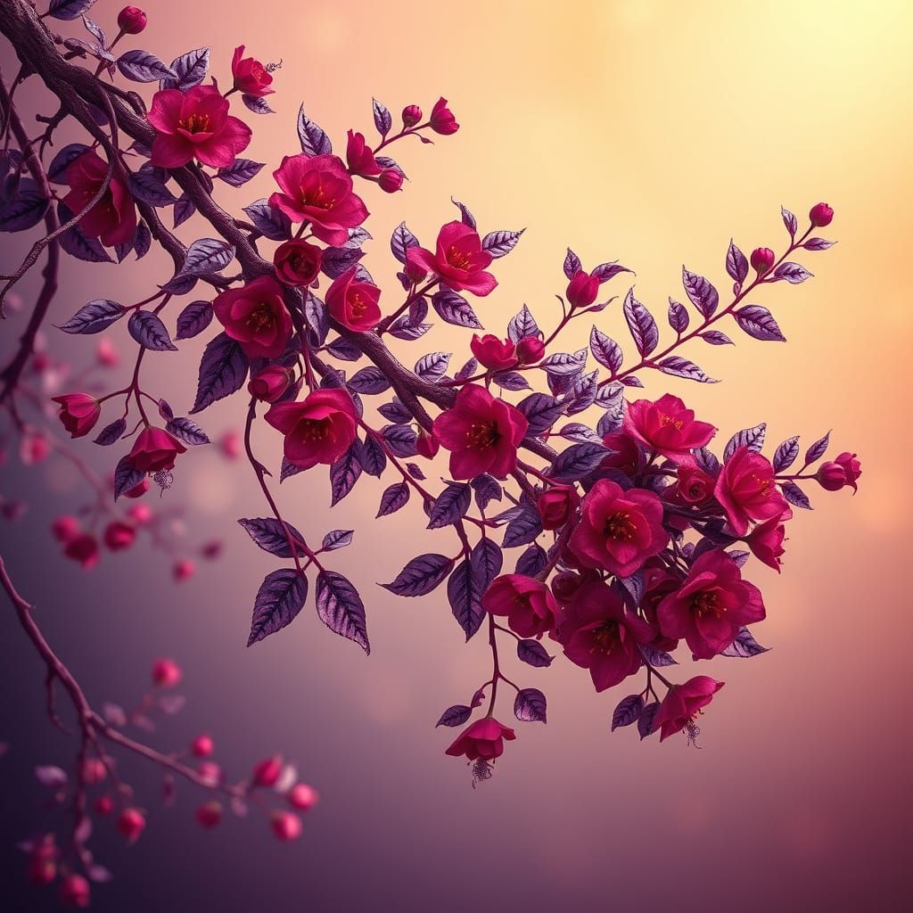 Vine of Amethyst and Ruby Blooms in Art Nouveau Style