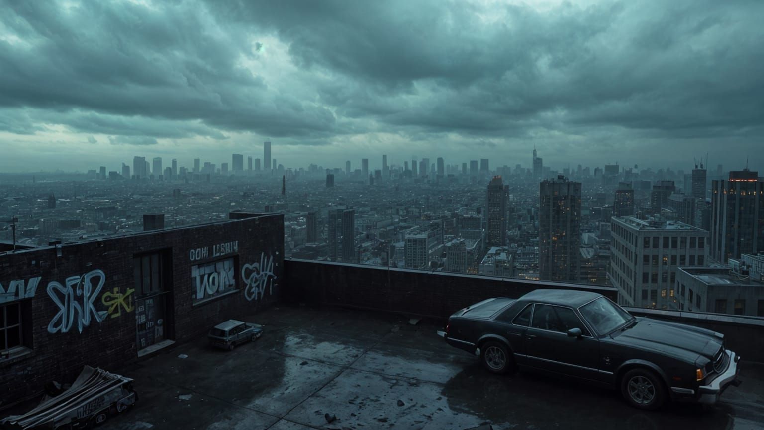 Weathered Urban Rooftop at Dusk, with a Cityscape in Ominous...