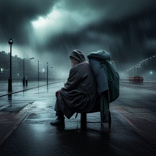 Dramatic Digital Painting of Homelessness in Rain