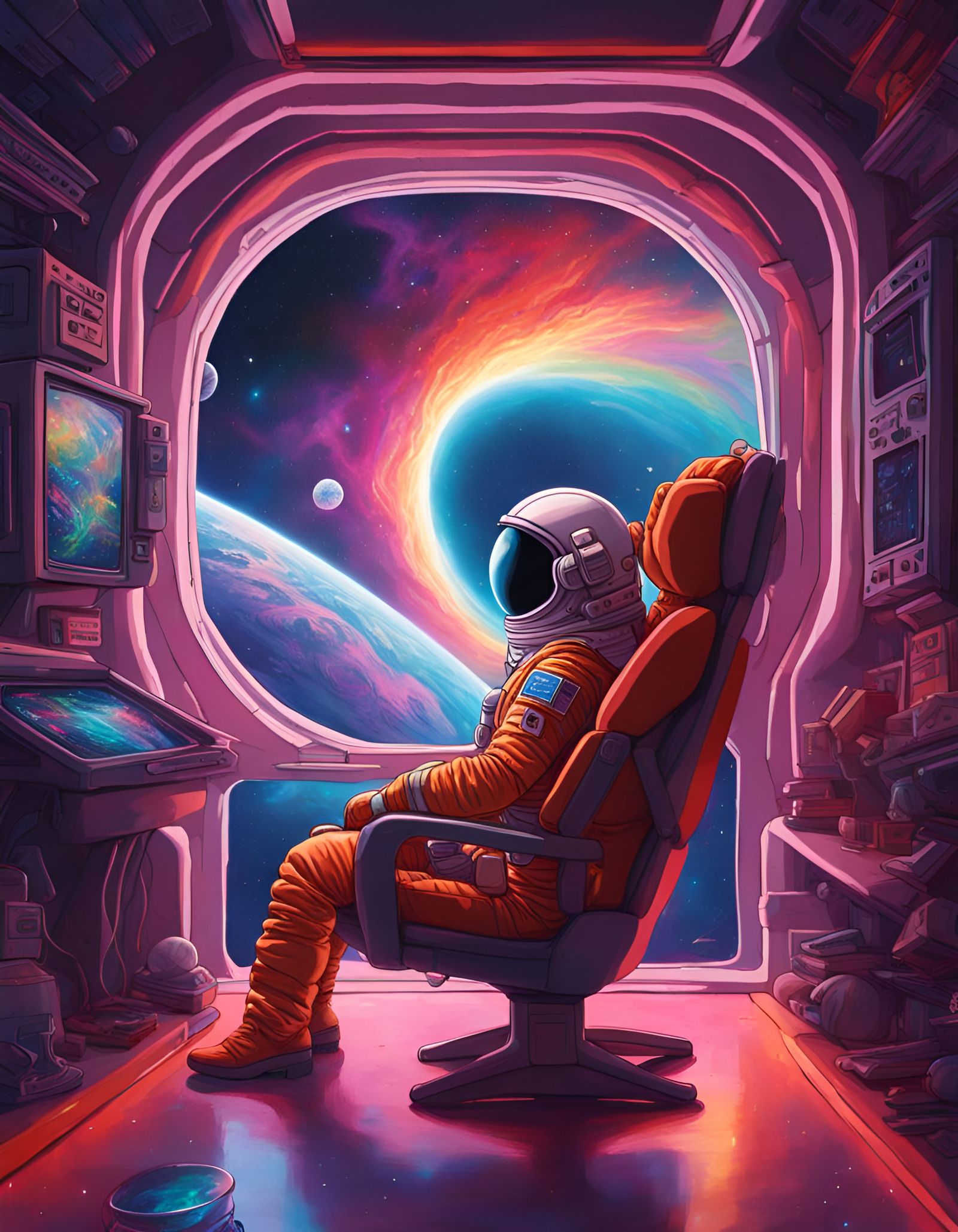 Astronaut Gazing at Cosmic Lightning in Spaceship