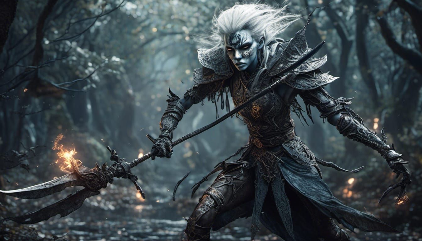 Hyperrealistic Drow Warrior with Elf Ghost