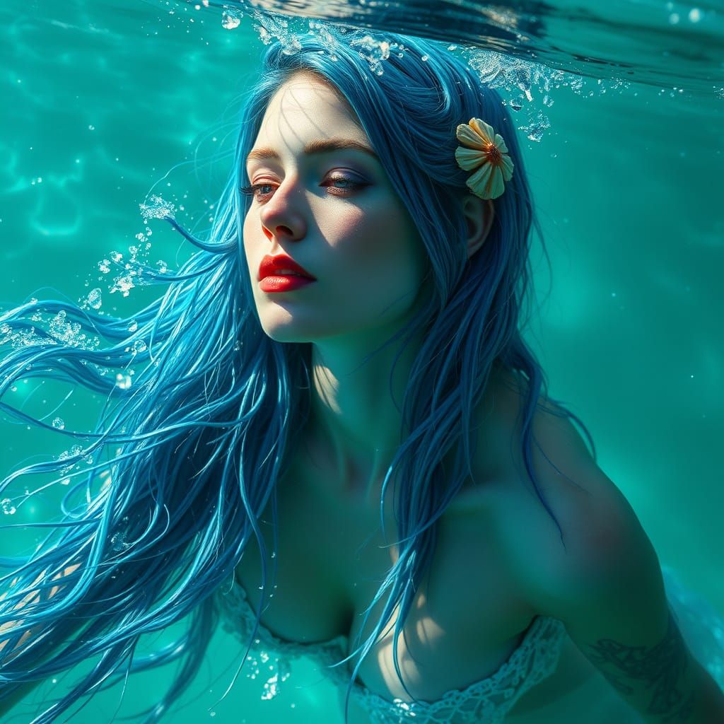 Realistic Mermaid Witch Portrait Underwater