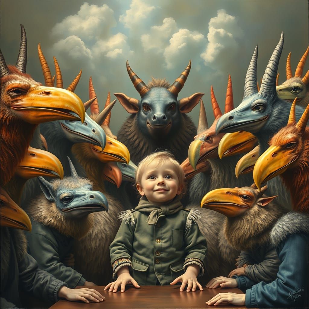 Surreal Gathering in Dürer Style with Playful Giant