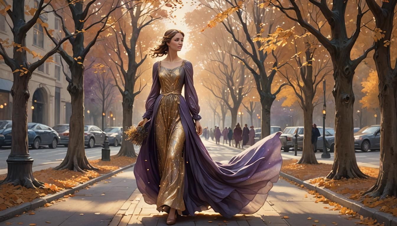 Ethereal Woman Walks Among Magical Autumn Trees