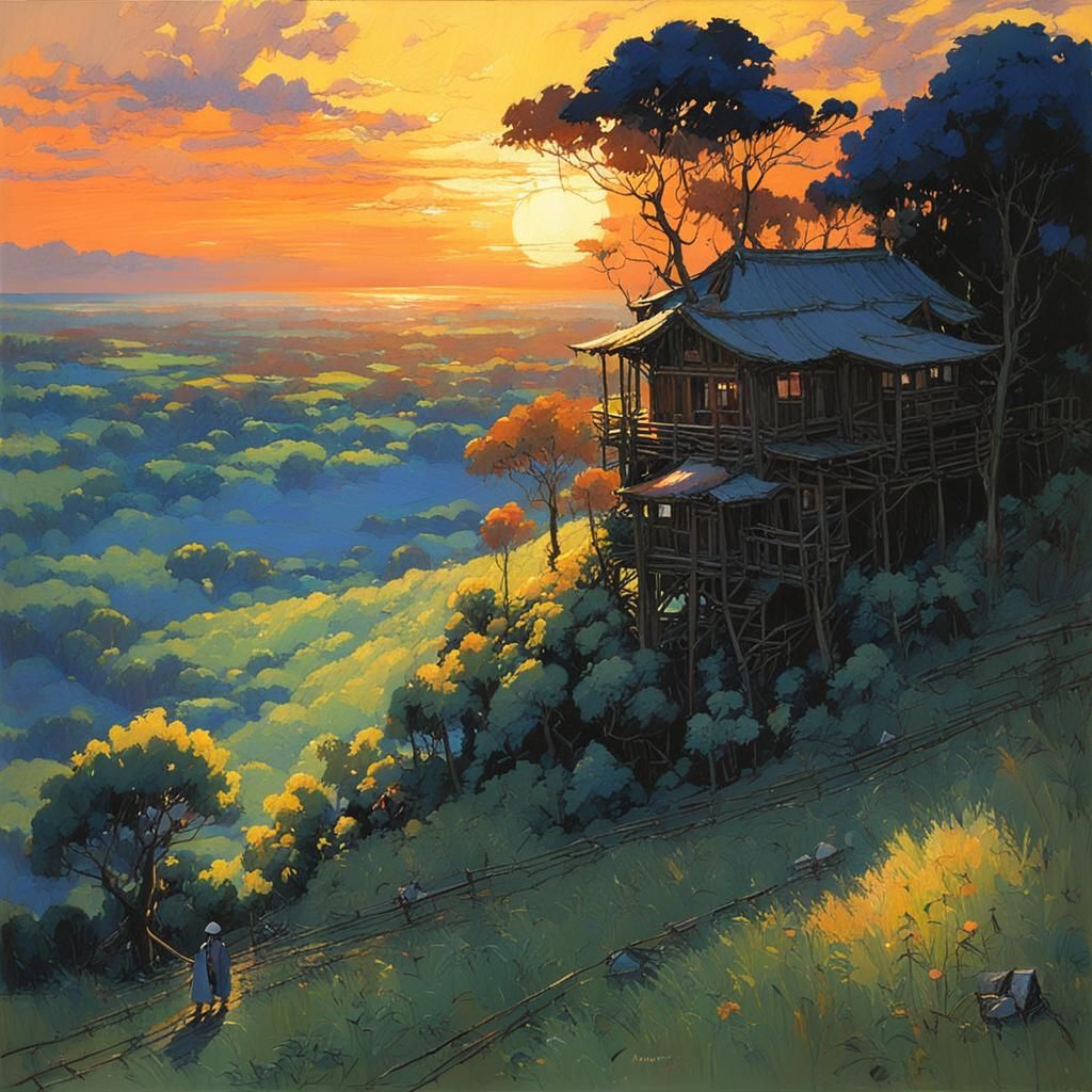 Ghibli-esque Sunset Landscape by Kashin