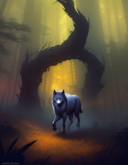 Majestic Wolf Emerges from Ethereal Mist in Vibrant Oil Pain...