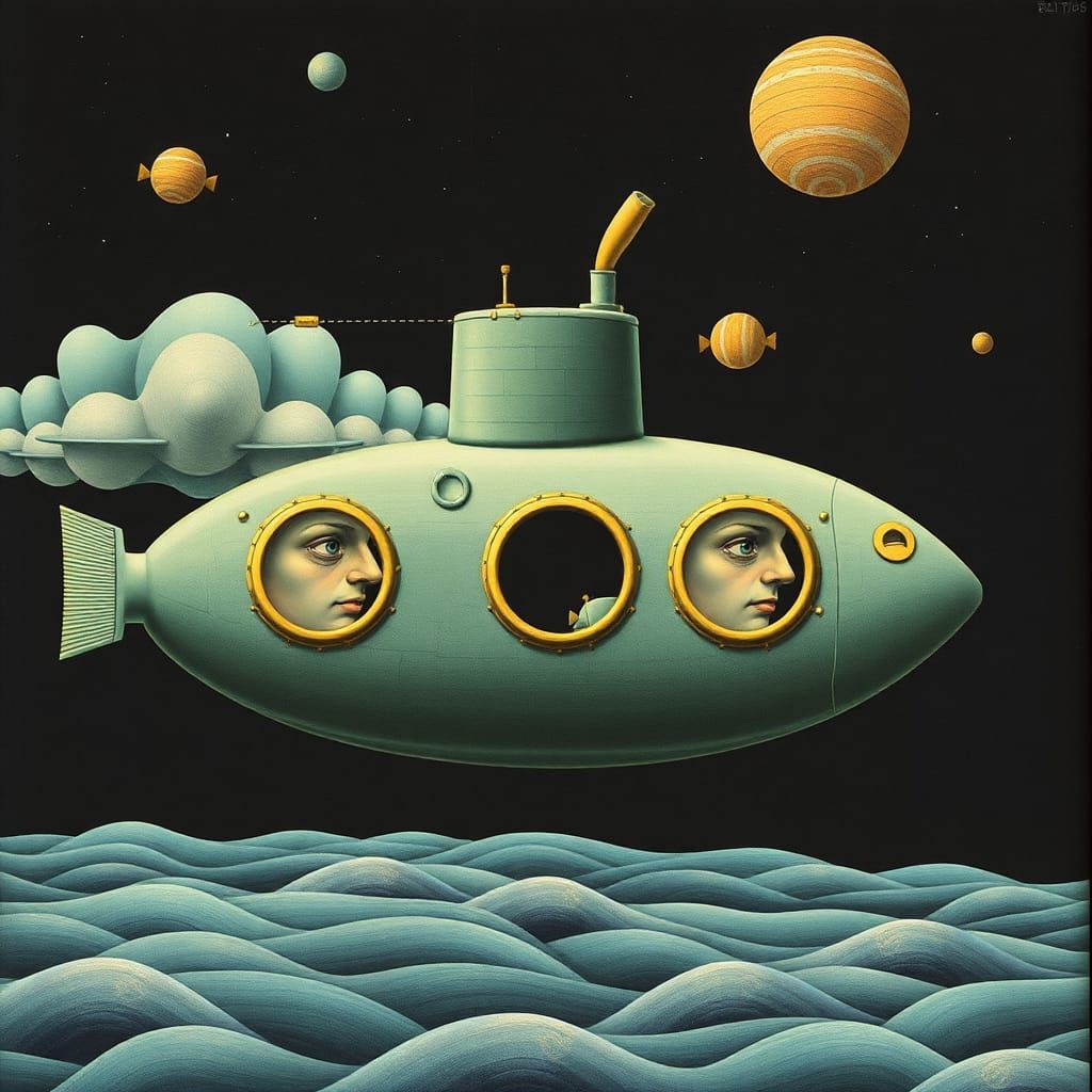 Surreal Psychedelic Submarine with Identical Faces
