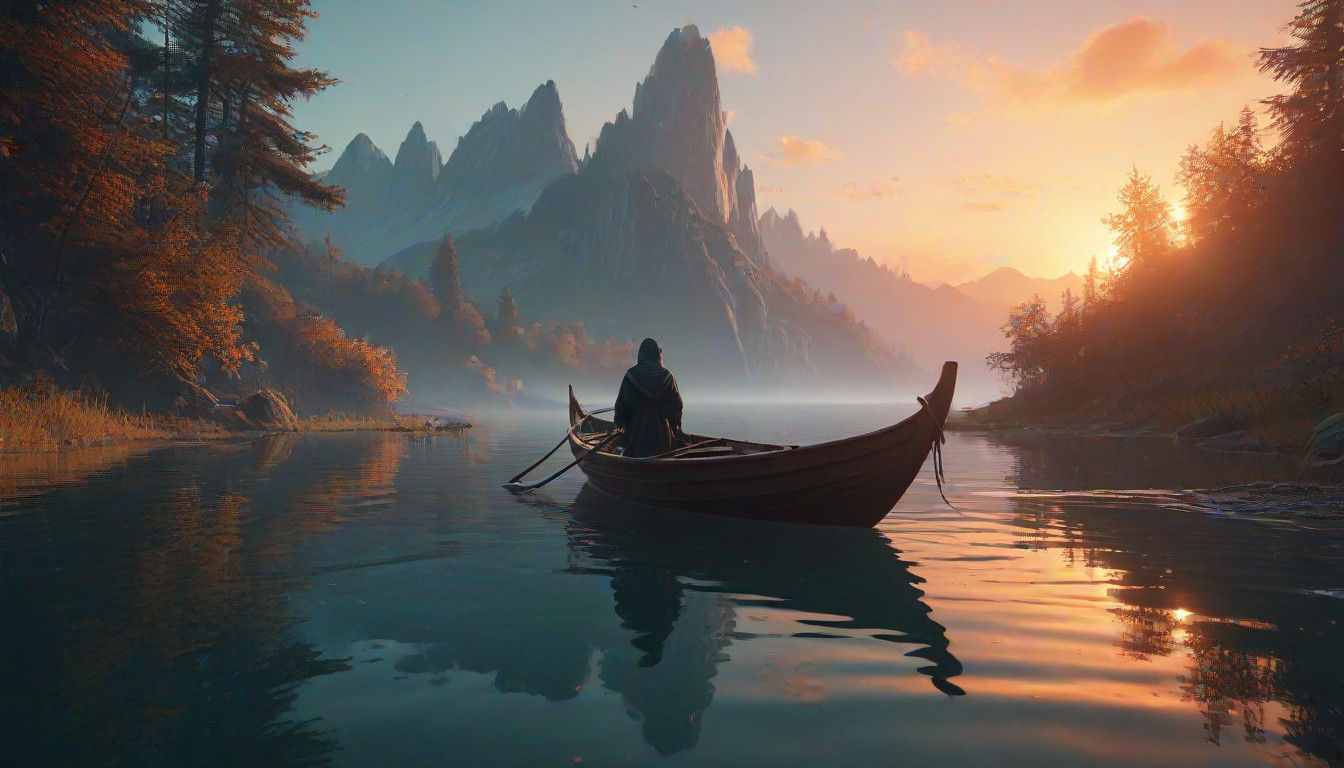 Mystical Ferryman Rows Across Triadic Lake at Dusk