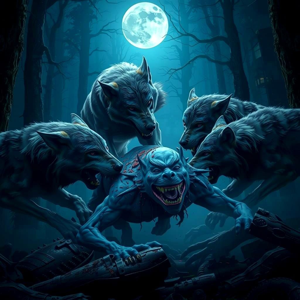 Wolves Devour Blue Demon in Realistic Forest Scene