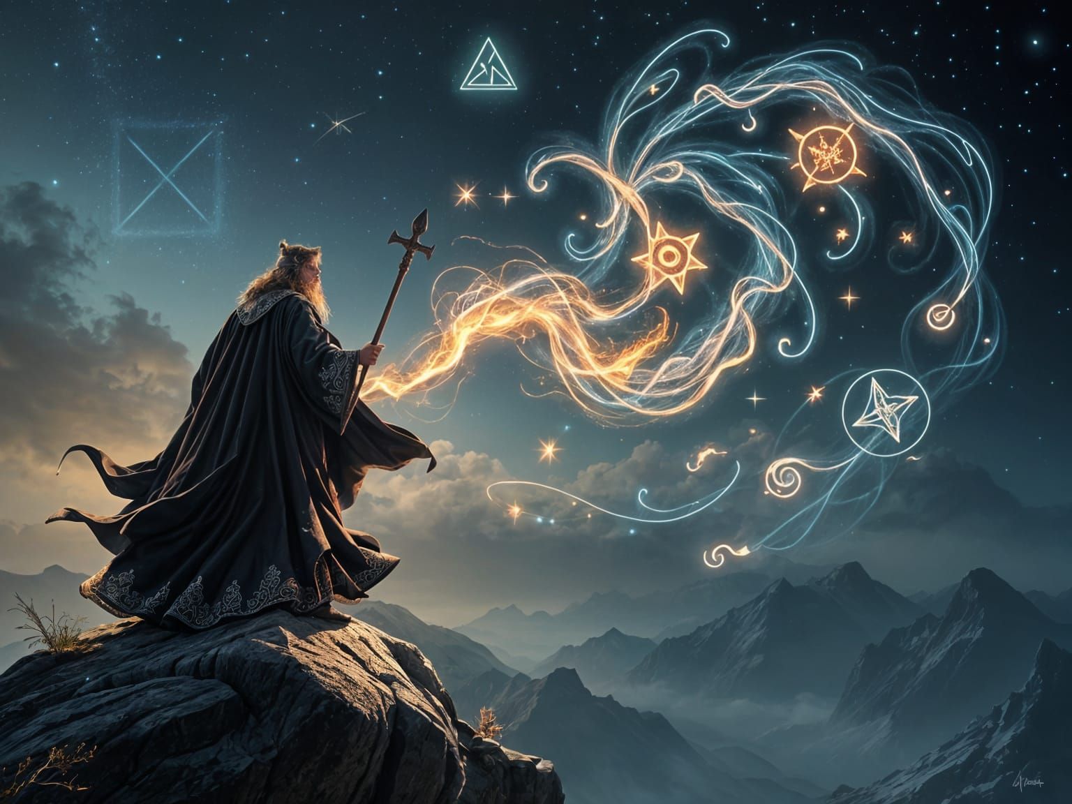Sorcerer Casting Spell in Dramatic Landscape
