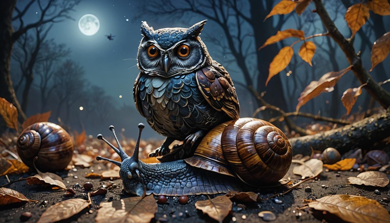 Snail and Owl in Autumn Moonlight: Digital Painting
