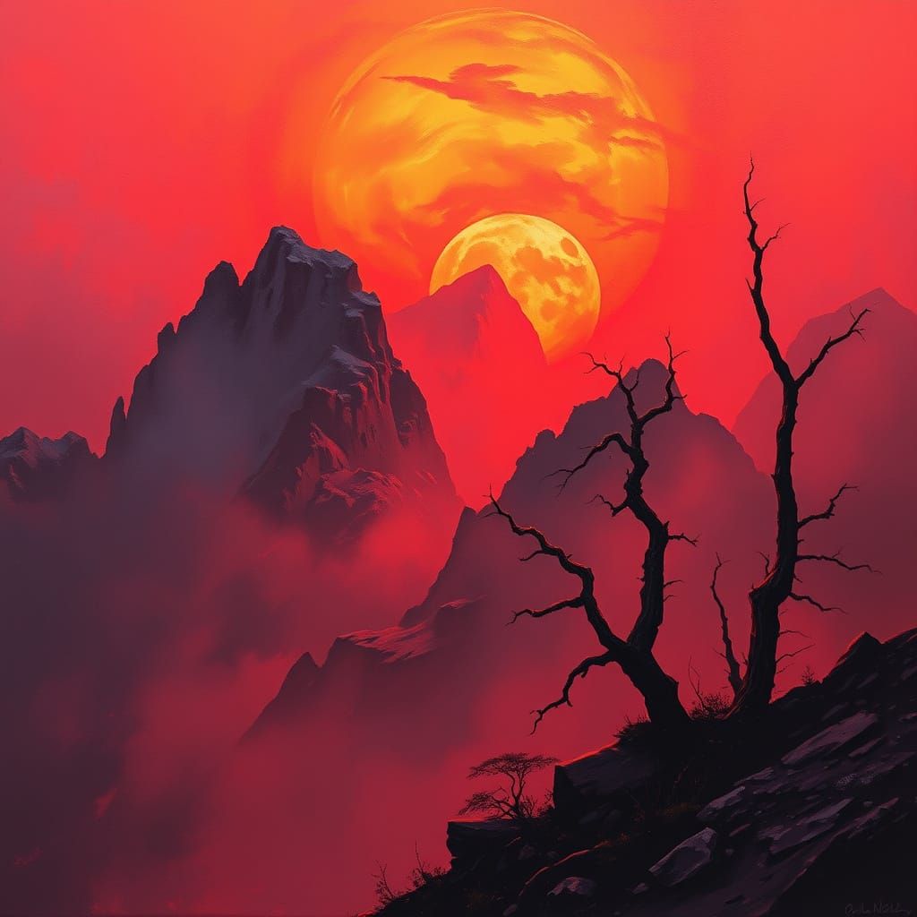 Surreal Crimson Sunset on a Rocky Mountain Peak