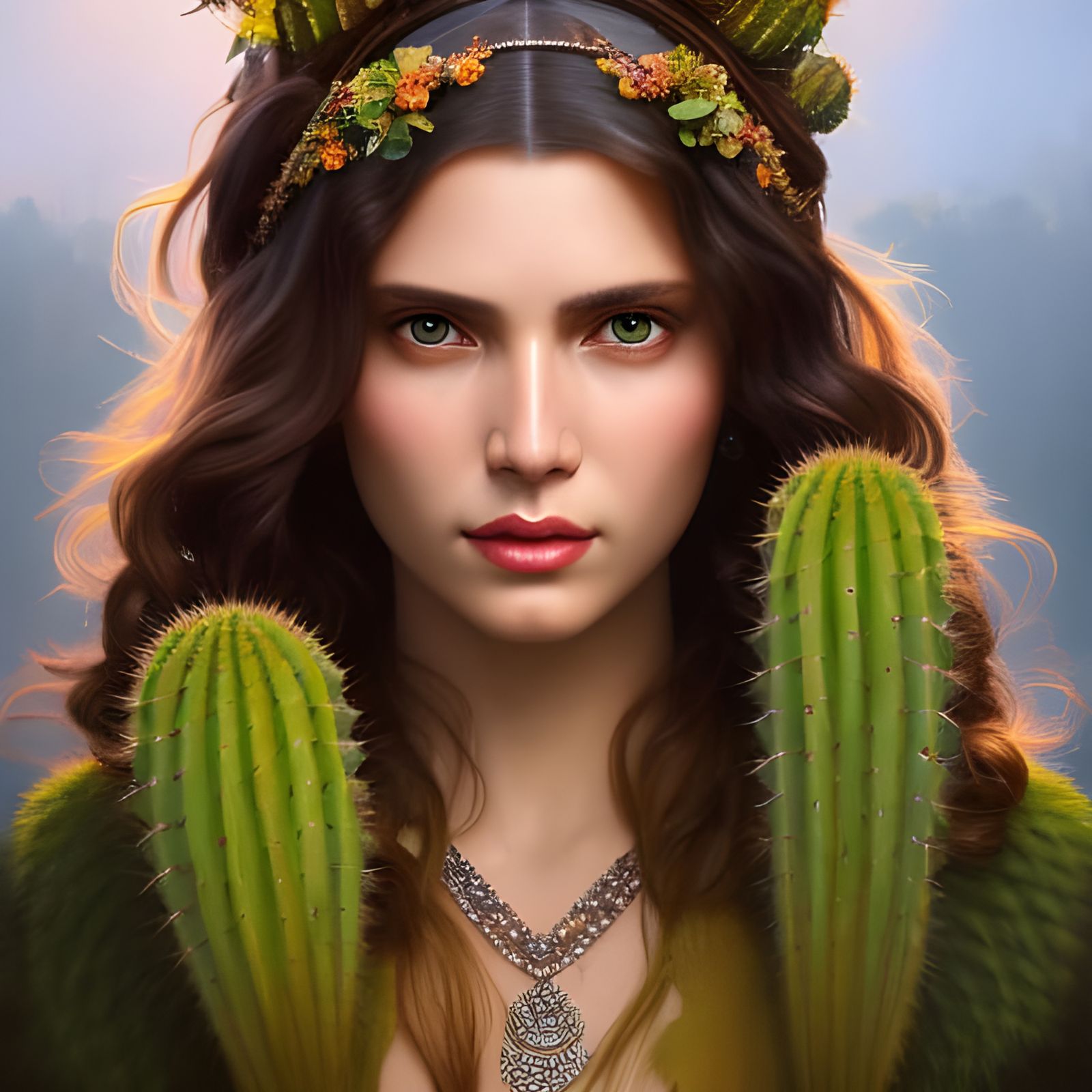 Anthropomorphic Cactus Woman Portrait in Hyperrealistic Styl...