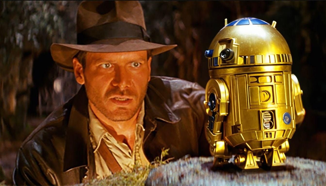 Indiana Jones looking at a golden 
R2-D2 figurine on the ped...
