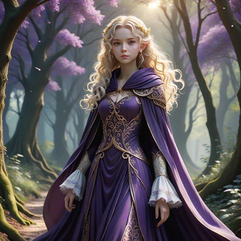 Mystical Elf Princess in Dark Purple Regalia, Swirling Patte...