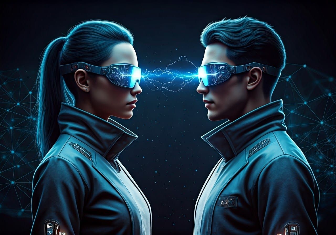 Futuristic Scientists Merge Minds in Cyberpunk Lab