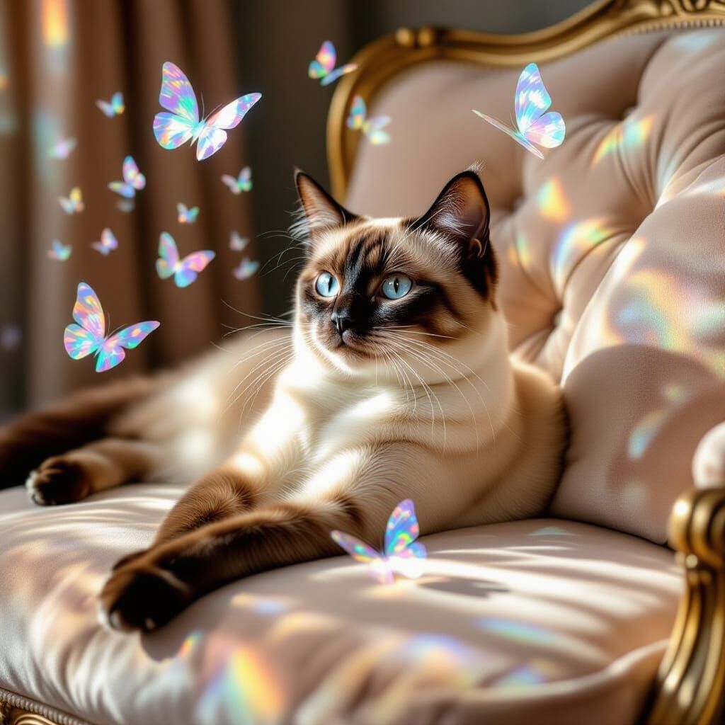 Siamese Cat with Holographic Butterflies