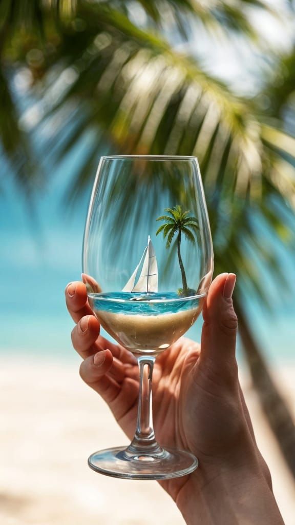 Miniature Beach Scene in Wine Glass Animation
