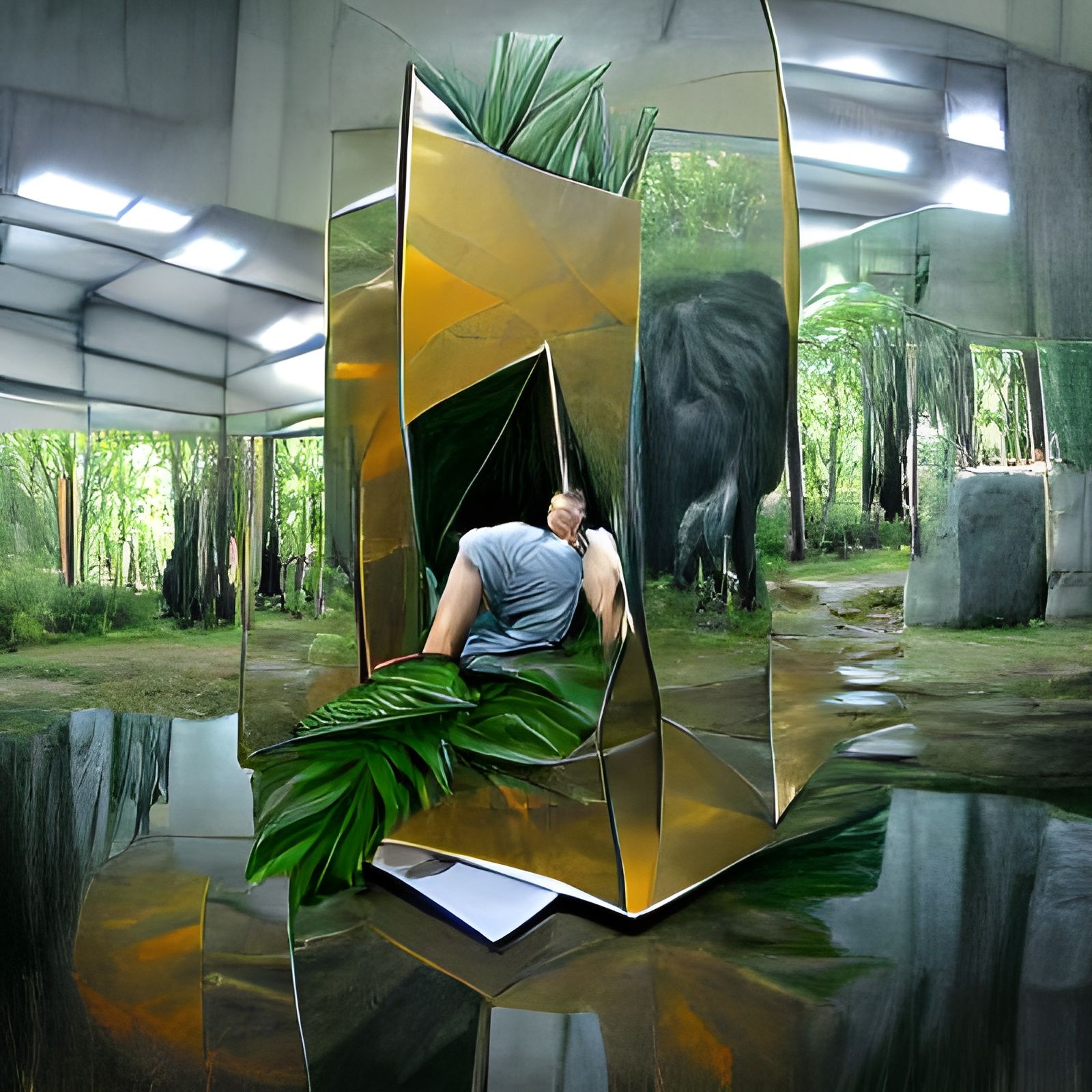 Hyperrealistic Monolithic Mirror Reflecting Jungle