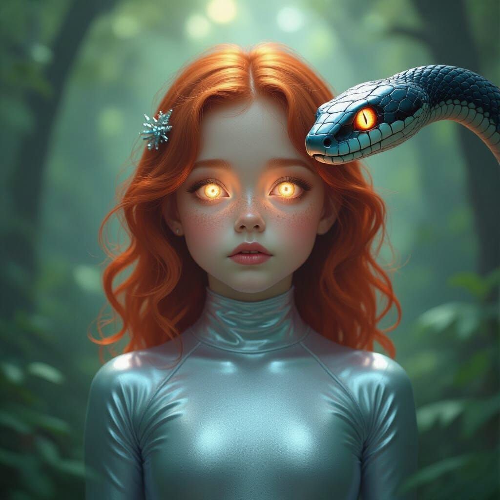 Girl Hypnotized by Snake in Dreamlike Forest