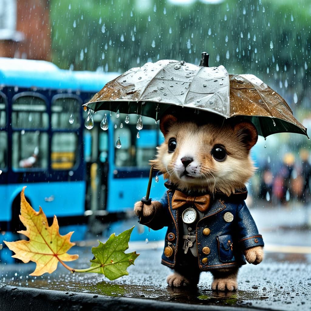 Fluffy Animal Sheltering from Rain, Steampunk Style